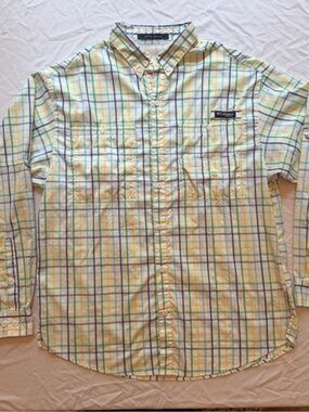 Columbia Super Tamiami PFG Men’s Yellow & Green Plaid Button-Down Shirt, Size L